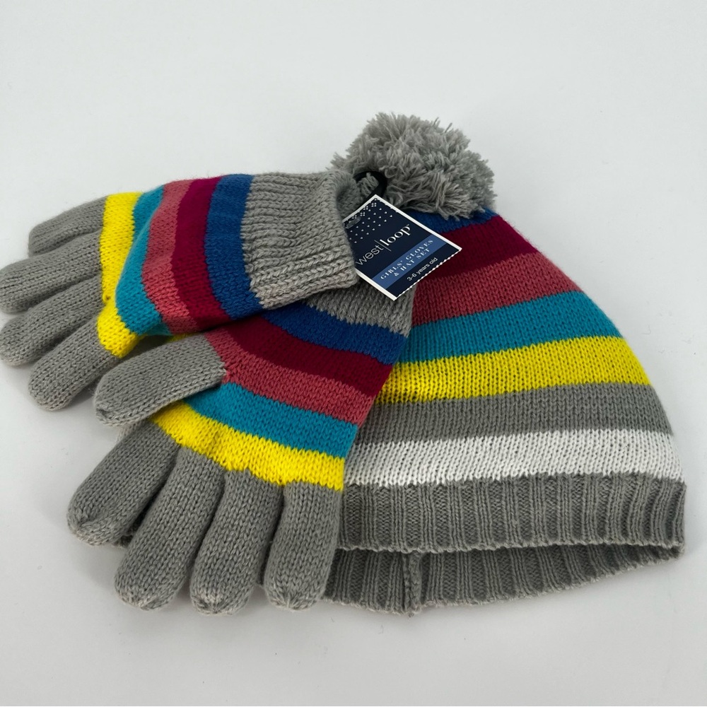 Girls’ Multicolor Strip Knit Fleece Lined Gloves and Hat Set For 3-6 Years Old